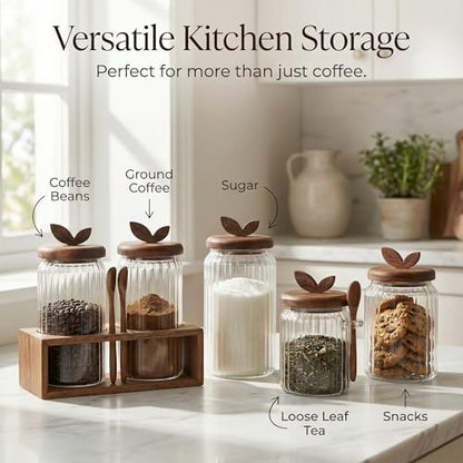 Coffee Bar Glass Canister Set of 2, Airtight Glass Storage Jars with Acacia Wood Lids, Spoons and Organizer Tray for Coffee Beans, Sugar, Tea and Kitchen Counter (2 x 34floz)