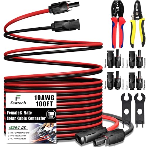 Twin Wire 100FT Solar Extension Cable - 10AWG (6mm²) Solar Panel Connector, with IP67-Male/Female Solar connectors for Outdoor Automotive RV Boat Marine Solar Panel- Black & Red - color: No Sheath, size: 100Ft - 10AWG