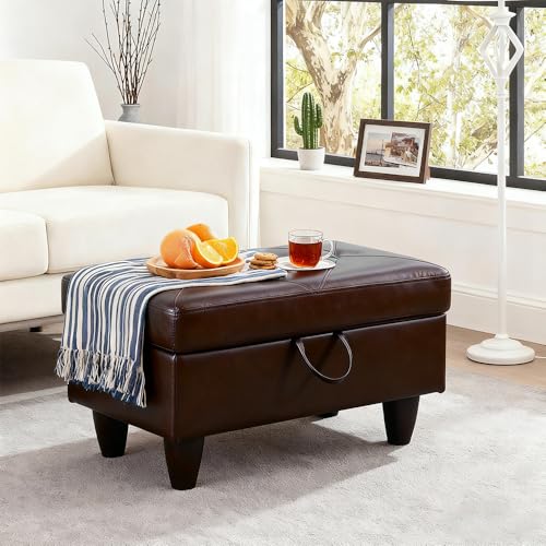 Leather Storage Ottoman Footstool Bench for Living Room Furniture,28.5" Large Square Foot Rest Stool Coffee Table,Leather Sofa Chair for Home Decor,Living Room,Bedroom,Apartment,Rv Car(Brown) - color: Brown 28.5