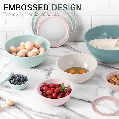 COOK WITH COLOR Mixing Bowls with Lids - 12 Piece Plastic Nesting Bowls Set includes 6 Prep Bowls and 6 Lids, Microwave Safe Mixing Bowl Set, Teal Embossed - color: Teal Embossed
