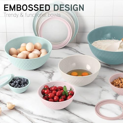 COOK WITH COLOR Mixing Bowls with Lids - 12 Piece Plastic Nesting Bowls Set includes 6 Prep Bowls and 6 Lids, Microwave Safe Mixing Bowl Set, Teal Embossed - color: Teal Embossed