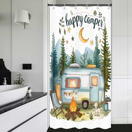 Happy Camper Small Stall RV Shower Curtain Rustic Tree Mountain Adventure Tent Camping Bathroom Curtains Travel Trailer Bathroom Accessories Set with Hooks 36 x 72 Inches - color: Blue, size: 36"W x 72"L (Pack of 1)