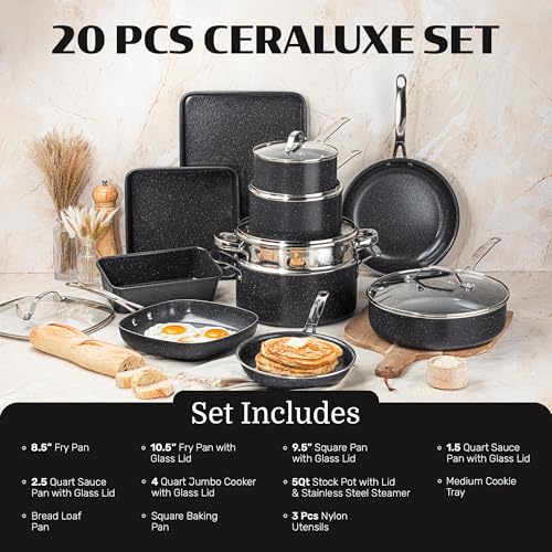 Granitestone Ceraluxe 20 Pc Ceramic Cookware Set Nonstick, Complete Pots and Pans Set Non Stick for Kitchen with Bakeware, Utensils & Steamer, Non Toxic Made Without PFOA PFOS, Oven & Dishwasher Safe - color: Black
