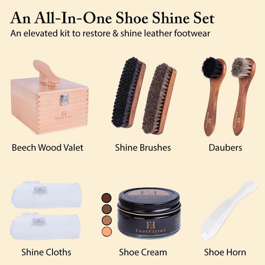 FootFitter Beech Wood Valet Box, Premium Shoe Shine Organizer with Classic Storage for Polish, Brushes, Cloths & Tools - color: Brown Creams Set