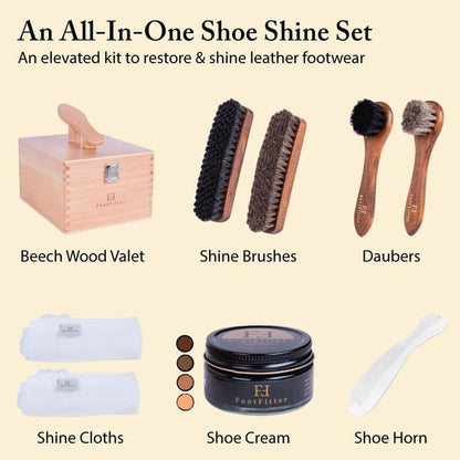FootFitter Beech Wood Valet Box, Premium Shoe Shine Organizer with Classic Storage for Polish, Brushes, Cloths & Tools - color: Brown Creams Set