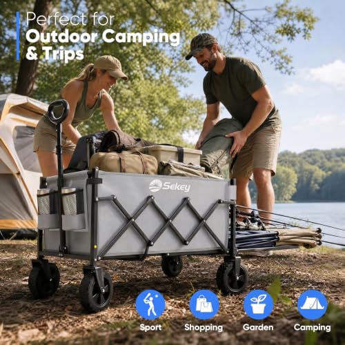 Sekey Collapsible Wagon Cart with Drop-Down Tailgate, 300 lb Capacity - color: Gray, size: 300 lbs