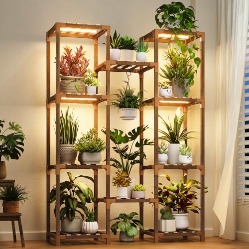 Uneedem Plant Stand with Grow Light - Large Plant Stand Indoor for Multiple Pots, 10 Tiered Plant Shelf Wood Plants Holder Rack for Living Room, Patio, Garden, Corner, Home Decor - size: 10 Tiers with Grow Lights