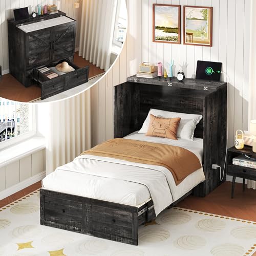 LUXOAK Twin Murphy Bed with Built-in Charging Station and Storage Drawer, Farmhouse Foldable Cabinet Bed for Guest Room, Apartment or Home Office, Black Oak - color: Black Oak, size: Twin
