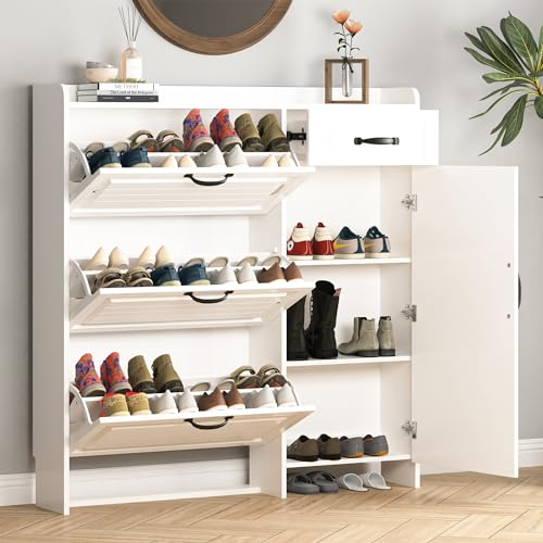 Shoe Cabinet for Entryway, Freestanding Shoe Storage Cabinet with 3 Flip Drawers and Side Cabinet, Narrow Shoe Rack Organizer with Adjustable Shelves, Modern Slim Hidden Shoe Cabinet, White - color: White, size: X-Large