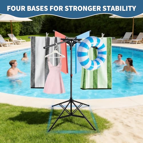 Pool Towel Rack Outdoor Adjustable Height 41.3-61.8In Towel Rack for Pool Heavy-Duty Freestanding Pool Float Storage Rack 4-Legged Stand & 6 Foldable Arms for Drying Swim Gear