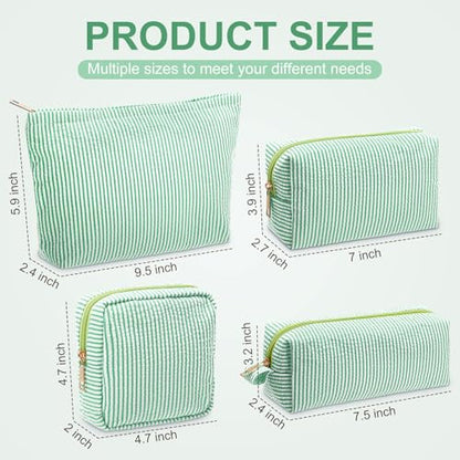 Sanwuta 4 Pcs Seersucker Pouch Cosmetic Bag Set Seersucker Makeup Bag Women Stripe Large Travel Toiletry Organizer Aesthetic Preppy Storage for Embroidery Women Bridesmaid Gifts(Green) - color: Green