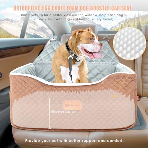 AlfaTok Memory Foam Booster Dog Car Seat Medium Dogs, Elevated Pet Car Seat Under 45 LBS, Detachable Washable, Anti-Slip Dog Booster Seat for Car Back Seat Only, Travel Dog Car Bed, Dog Seat Belt - color: Brown