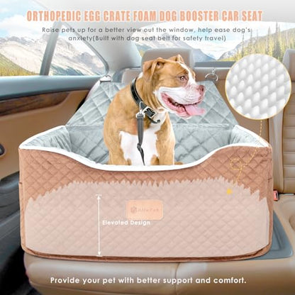 AlfaTok Memory Foam Booster Dog Car Seat Medium Dogs, Elevated Pet Car Seat Under 45 LBS, Detachable Washable, Anti-Slip Dog Booster Seat for Car Back Seat Only, Travel Dog Car Bed, Dog Seat Belt - color: Brown