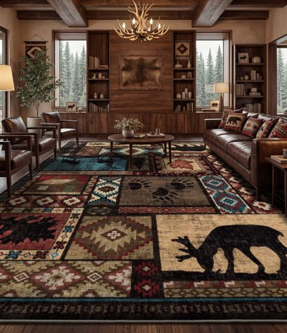 YIHOUSE Rustic Cabin Rugs for Living Room 9x12, Wildlife Bear & Deer Area Rug, Washable Southwestern Lodge Large Area Rug - color: Brown, size: 9'x12' (Rectangular)