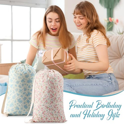 SATINIOR 2 Pcs Floral Laundry Bags 29" x 18" Pink Blue Canvas Travel Laundry Bags with Drawstring Shoulder Straps Washable Dirty Clothes Hamper Organizer for College Dorm Laundromat Apartment Camping - style: Floral