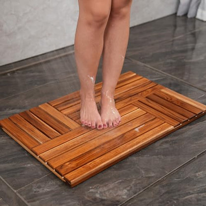 Utoplike Teak Wood Bath Mat, 32 x 20 inch Large Wooden Shower Mat for Bathroom, Non Slip Wood Floor Sturdy Mat for Inside Shower Luxury Spa Home or Outdoor - size: 32" x 20" (Rectangular)