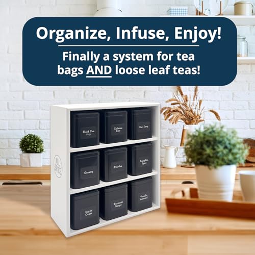 AllSpice Tea Organizer Rack with 9 Tins & 160 Magnetic Labels – Perfect for Bagged & Loose Leaf Tea Organization - White - color: White