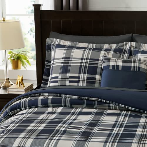 MaiRêve Queen Size Comforter Set Navy Blue, Classic Plaid Farmhouse 7 Pieces Bedding Set, All Season Lightweight Bed in a Bag with Sheets, Pillowcases & Shams - color: Navy Blue, size: Queen