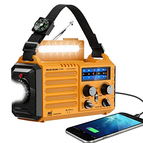 Eoxsmile Emergency Radio with NOAA Weather Alert, 5000mAh Solar Hand Crank Portable AM/FM Shortwave Radio, Rechargeable Battery Powered, USB Charger, Flashlight, SOS Alarm for Home Outdoor Survival - color: Yellow