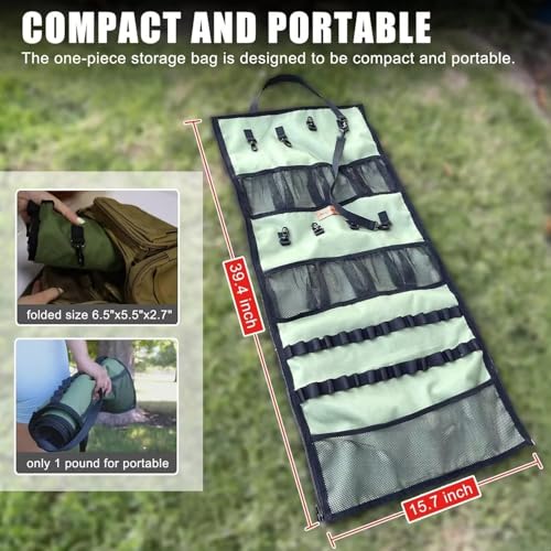 Camping Hanging Organizer Tent Organizer for Inside with Campsite Storage Straps & Mesh Pockets & Hanging Hooks for Camping, RV Camper, Picnic, One-Piece Storage Bag Multiple Can Be Spliced