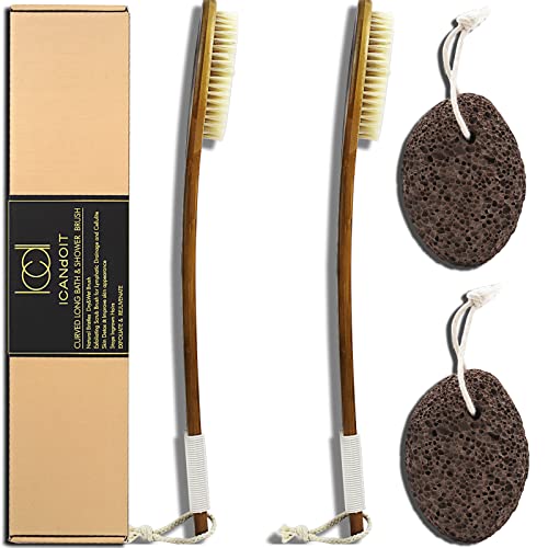 ICANdOIT-17.71Inch Natural Boar Bristles Anti-Slip Long Handle Bath Brush,Bent Handle Shower Scrubber for Exfoliating,Shower Back Brush,Exfoliation Set with Pumice Stone(2 Pack) - size: 17.71"Boar Bristles Back Brush+ Pumice-4Pack