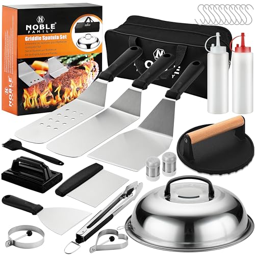 N NOBLE FAMILY 27 PCS Griddle Accessories Kit, Flat Top Grill Accessories Set for Camping, Professional Griddle Spatula Set with Melting Dome, Burger Press for Outdoor BBQ Teppanyaki - style: Black Griddle Accessories