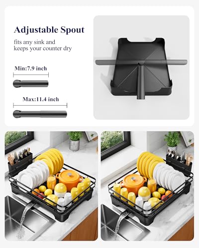 Kitsure Dish Drying Rack - Multi-Functional Dish Rack for Kitchen Counter with Cutlery Holder, Rust-Proof Storage Solution with Rotatable, 15.7" x 12.0" x 5.5", Black - color: Black