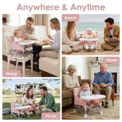 Tiny Marvels Baby Chair, Portable & Foldable for Travel & Beach, Ages 6M-3Y | BPA-Free Material, 3-Point Harness, 3-in-1 Baby Chair, Removable Tray & Carry Bag, Sturdy with Reinforcement, Non-Slip Feet - color: Pink