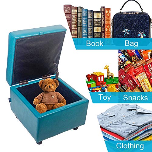 H&B Luxuries Tufted Leather Square Flip Top Storage Ottoman Cube Foot Rest (Blue with Storage) - color: Blue With Storage