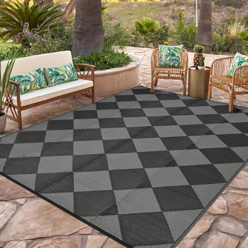 GarveeHome Outdoor Rug 9x18 ft Waterproof Mat Reversible Outdoor Plastic Straw Rug Patio Rugs Camping Rugs Portable Outside Mat for RV Porch Balcony Backyard Picnic Beach Black/Grey Diamond - color: Black/Grey Diamond, size: 9' x 18' (Rectangular)