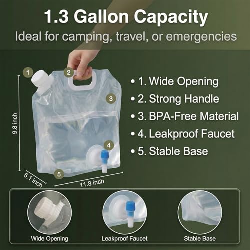 6 Pack 1.3 Gal (5L) Collapsible Water Containers with Spigot & Top Fill Cap, Dual Opening BPA Free PE Water Jug, Leak-Proof Storage Bag for Camping, Hiking and Outdoor Use, Portable & Foldable