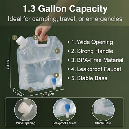 6 Pack 1.3 Gal (5L) Collapsible Water Containers with Spigot & Top Fill Cap, Dual Opening BPA Free PE Water Jug, Leak-Proof Storage Bag for Camping, Hiking and Outdoor Use, Portable & Foldable