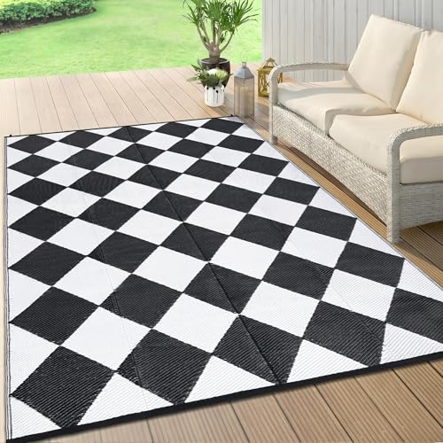 IDEALHOUSE Outdoor Rug, Reversible Waterproof Plastic Patio Mat, UV Resistant Large Floor Mat with Carry Bag, Portable RV Mat for Camping, Picnic, Backyard, Black & White Checkered, 9' x 12' - color: Black/White, size: 9' x 12' (Rectangular)