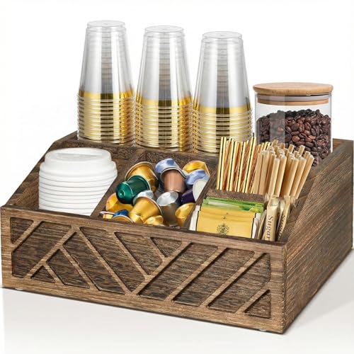 Coffee Station Organizer for Counter, Wood Pods Holder Storage Basket, Tea Condiment Storage Organizer, Rustic Coffee Bar Decor for Accessories Organizer - color: brown