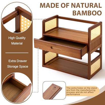 Yalikop Bamboo Matcha Station Organizer 2 Tier Countertops Stand Shelf with Hidden Drawer Coffee Station Organizer for Whisk Set Bowl Cup Mug, Home Kitchen Bars 15.75" x 7.87" x 15.35"(Brown)