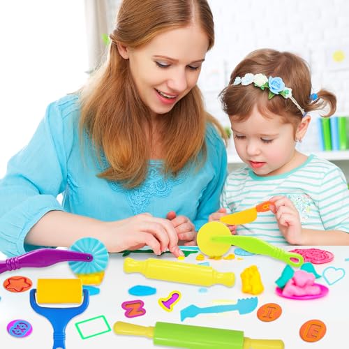 LCY WEDSHI Dough Tool Set, 56 Pcs Dough Tools Sets for Kids Ages 4-8, Dough Accessories Includes Alphabet Numbers Shapes, Cutters Roller, Rolling Pins, Safety Scissors, Plastic Knife - style: 56pcs