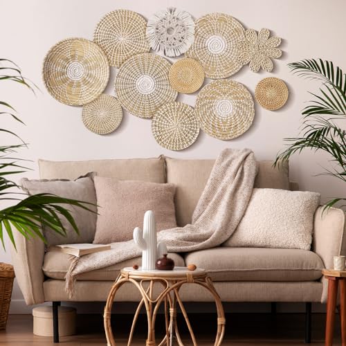11 Pcs Boho Hanging Wall Basket Decor Handmade Woven Basket Wall Decorative Boho Wicker Baskets Placemats Round Farmhouse Bulrush Art for Rustic Home Decorations Christmas Gift(Fresh) - style: Fresh