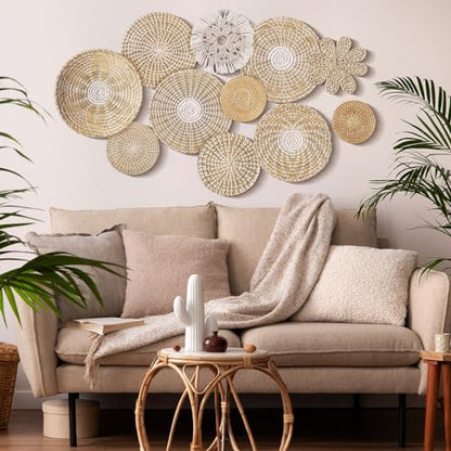 11 Pcs Boho Hanging Wall Basket Decor Handmade Woven Basket Wall Decorative Boho Wicker Baskets Placemats Round Farmhouse Bulrush Art for Rustic Home Decorations Christmas Gift(Fresh) - style: Fresh