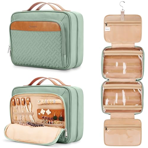COOSKY Travel Hanging Toiletry Bag for Women, Cruise Ship Essentials, with Jewelry Organizer, Extra Large Makeup Dopp Kit, Waterproof Cosmetic Bags, Toiletries Kit Set with Trolley Belt, Green - color: Green, size: Large