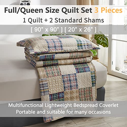 Quilt Set Queen Size Plaid Bedspread Coverlet Queen Quilts Patchwork Bedding Mens Plaid Collection Quilt Bedspread Lightweight Reversible Quilt Bedding Set Queen Bedspread with Pillow Shams,Beige - color: Beige Plaid, size: Full/Queen