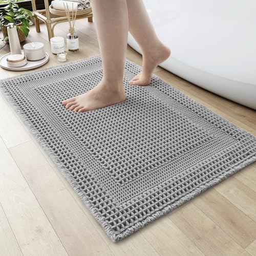 AMOAMI Waffle Bath-Mat, Absorbent Bath Mats for Bathroom Non Slip, Machine Washable Bathroom Rugs with Tassels Ultra Soft Boho Bath Rugs for Floor 24"x36" Grey - color: Grey, size: 24"x36"
