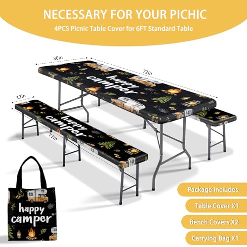 Picnic Table Cover with Bench Covers, Camping Essentials, Fitted Camping Tablecloth with Bag, Waterproof and oilproof with elastic Edge for Indoor Outdoor Patio, 72in (RV Camper) - color: RV Camping Enthusiasts