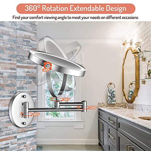 Rocollos Rechargeable Wall Mounted Lighted Makeup Mirror, 8 Inch Double-Sided LED Vanity Mirror 1X/7X Magnification,3 Color Lights Touch Screen Dimmable 360°Swivel 13 Inch Extendable - color: 8 Inch 7x Chrome