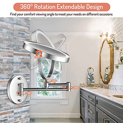Rocollos Rechargeable Wall Mounted Lighted Makeup Mirror, 8 Inch Double-Sided LED Vanity Mirror 1X/7X Magnification,3 Color Lights Touch Screen Dimmable 360°Swivel 13 Inch Extendable - color: 8 Inch 7x Chrome