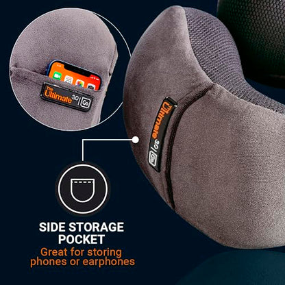 Go Travel Ultimate 3.0 Travel Pillow, Deluxe Memory Foam Neck Pillow with Magnetic Closure and Side Pocket, Ideal for Commute, Airplane, Car & Bus, Travel Essentials, Made in USA, Dark Gray