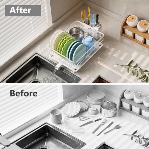 AIDERLY Auto Drain Metal Dish Drying Rack Dish Drainers, All White | with Draining Tray, Strainer, for Kitchen Counter, Sink - color: White