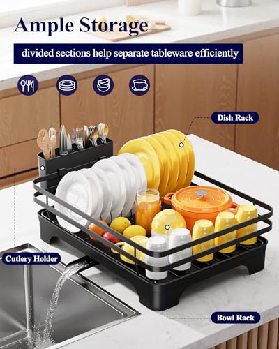 Kitsure Dish Drying Rack - Multi-Functional Dish Rack for Kitchen Counter with Cutlery Holder, Rust-Proof Storage Solution with Rotatable, 15.7" x 12.0" x 5.5", Black - color: Black
