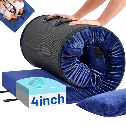 Memory Foam Camping Mattress Pad with Pillow - Extra Thick 4 Inch Sleeping Pad for Camping, Waterproof Roll Up Cot Mattress Topper Bed Mat for Car Truck Tent RV, with Storage Bag - color: Navy Blue, size: Queen: 80*60*4"