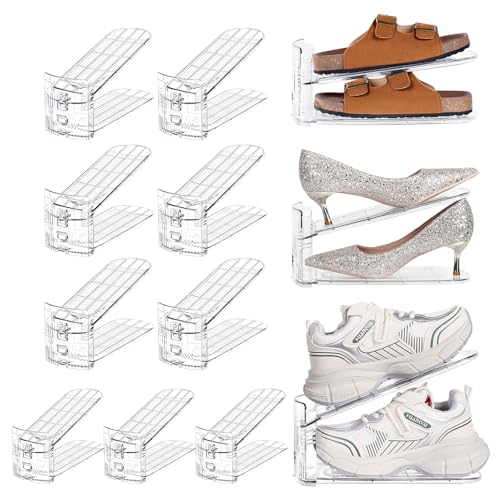TOPNEW Shoe Slots Organizer for Closet 12 Pack Adjustable Level Shoe Stacker Holder Organization Double Layer Storage Space Saving Shoe Rack Organizer for Closet (Transparent) - color: 12pack Clear