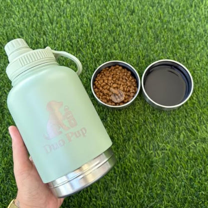 DuoPup 32oz Insulated Stainless Steel Pet Water & Food Bottle – Portable Leak-Resistant Dispenser with Two Detachable Bowls & Carrying Strap – Travel, Hiking & Outdoor Pet Hydration – LightGreen - color: Light Green